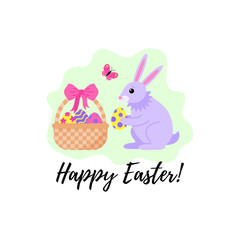 Card for the holiday of Easter with a rabbit and a basket with eggs. Vector illustration.