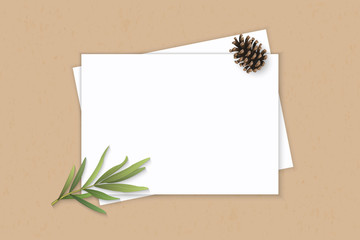 Flat lay top view elegant white composition paper pine cone and tarragon leaf on kraft background