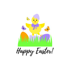 Card for the holiday of Easter with chicken and eggs. Vector illustration.