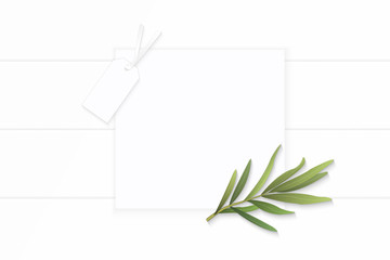 Flat lay top view elegant white composition paper brown tarragon leaf and cardboard tag on wooden background