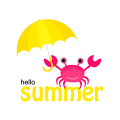 Red crab with Hello Summer text and sun umbrella. Summer vacation and sea travel poster. Cartoon flat style vector illustration. Design for covers, cards, envelopes, flyers