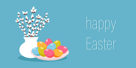 Fototapeta na wymiar happy Easter. holiday card with willow branches and painted eggs. vector.
