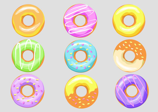 set nine colorful donuts. bright bakery product