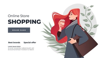 Online shopping landing page or banner template. Girl with shopping, packages. Flat Happy Girl With Shopping Bag. Vector Illustration.