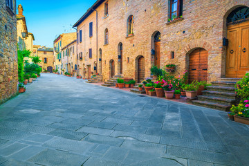 Rustic stone houses decorated with colorful flowers, Pienza, Tuscany, Italy