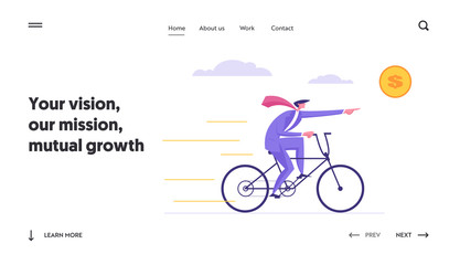 Fototapeta na wymiar Financial Business Success Concept with Businessman Character Cycling to Dollar Sign, Showing Profit. Modern Banner with Man on Bike with Finance Graph for Website, Web Page. Flat Vector Illustration