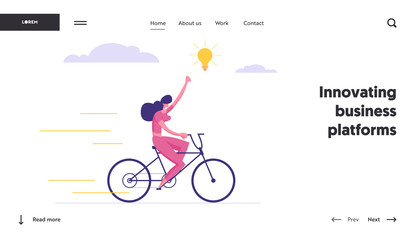 Obraz premium Creative Solution, Business Success Concept with Businesswoman Character on a bike Getting Idea as a Lightbulb. Innovation Banner with Modern Graph for Website, Web Page. Flat Vector Illustration