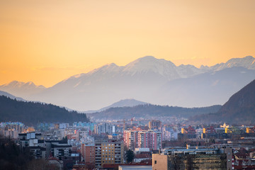 Sunset over Ljubljana and mountain range Karawanks in Slowenia, Europe
