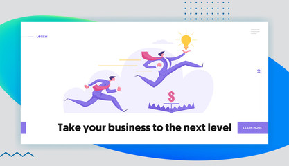 Creative Idea Risk Management Business Concept with People Characters Racing Holding Idea and Jumping Over Trap. Career Banner with Ambitious Men for Website, Web Page. Flat Vector Illustration