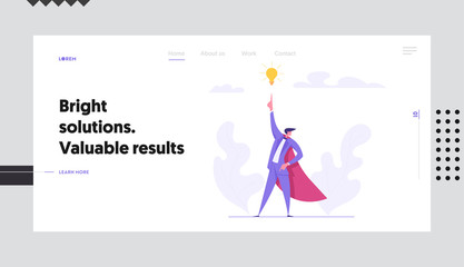 Creative Solutions Business Success Concept with Superhero Businessman Character Pointing on Idea Lightbulb. Landing Page Banner with Brainstorming Man for Website, Web Page. Flat Vector Illustration