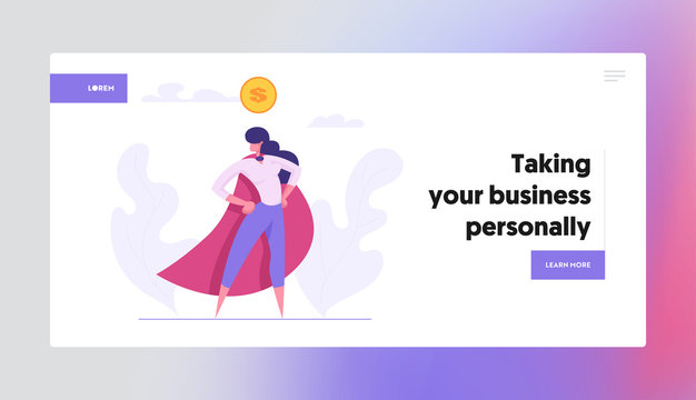 Ambition Business Success Concept Landing Page with Superhero Businesswoman Character with Dollar Sign. Motivational Banner with Proud Woman in Finance for Website, Web Page. Flat Vector Illustration