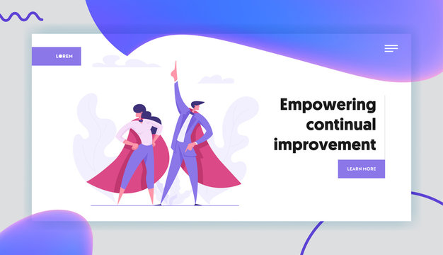 Ambition Business Success Concept with Superheroes Business People Characters. Motivational Banner with Proud Woman and Man Lead Pointing Hand up Graph for Website, Web Page. Flat Vector Illustration