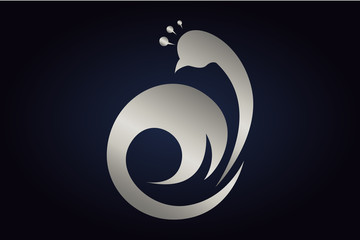 silhouette of a wild bird. Silver peacock vector logo. Creative and tender Head of the peafowl bird.