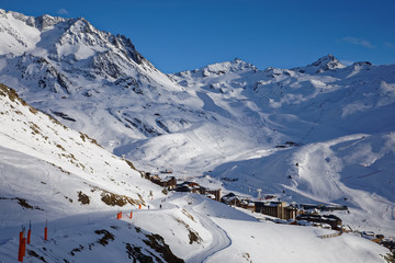 Val Thorens, France - March 7, 2019: Val Thorens is the highest ski resort in Europe at an altitude of 2300 m.