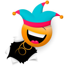 A cheerful smiling face, in a jester's cap, suddenly breaks through the wall. Happy fools day. Vector illustration.