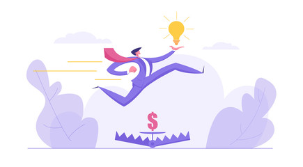 Career Growth, Ambition Business Concept with Businessman Character Jumping over Money in Bear Trap Holding Idea Lightbulb. Banner with Creative Man for Website, Web Page. Flat Vector Illustration