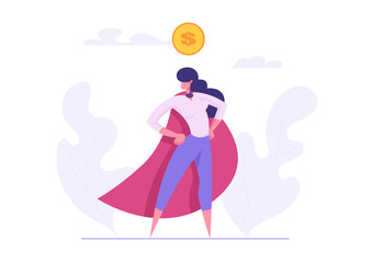 Ambition Business Success Concept with Superhero Woman Character. Motivational Banner with Proud Businesswoman with Dollar Sign Graph for Website, Web Page or Presentation. Flat Vector Illustration