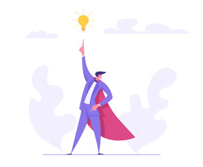 Fototapeta na wymiar Creative Business Success Concept with Superhero Man Character. Banner with Businessman Pointing on Idea Lightbulb Graph for Website, Web Page or Poster Presentation. Flat Vector Illustration