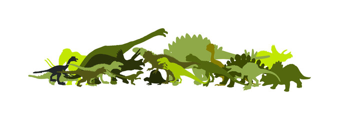 Dinosaurs large collection. T Rex vector silhouette isolated on white background. Tyrannosaurus shadow symbol. Jurassic era. Dino sign. Triceratops, Stegosaurus, Brachiosaurus, Pteranodon, Spinosaurus © dovla982