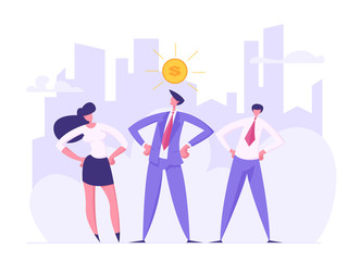 Business Financial Teamwork Success Concept with People Characters Standing with Vision Dollar Sign. Creative Banner with Profit Oriented Businessmen for Website, Web Page. Flat Vector Illustration