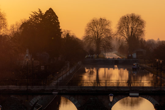 sunrise over the Berry Canal in Vierzon, France
