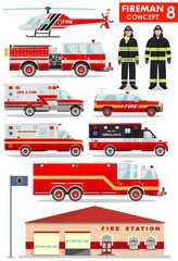 Fireman concept. Detailed illustration of firefighter, firewoman in uniform, fire station building, firetruck and helicopter in flat style on white background. Vector illustration.