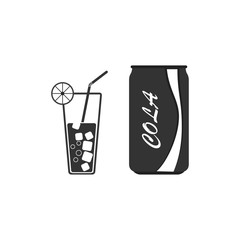 Soft soda and cola in aluminum can isolated on white background. Glass of juice, coctail. Cold drinks icon. Vector flat illustration