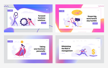 Successful Team Spirit Ambitious Finance Business Concept Landing Page Set. People Characters with Gears, Passive Income Dreams and Money Goal Trap for Website, Web Page. Flat Vector Illustration