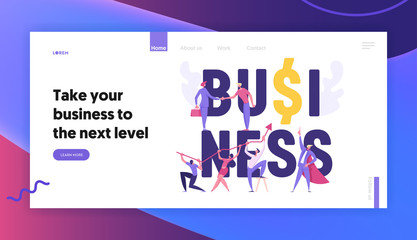 Successful Business Teamwork Cooperation Concept Landing Page. Business People Characters with Arrow, Agreement Deal and Finance Goal for Website, Web Page Template. Vector Flat Cartoon Illustration