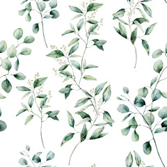 Aquarell verschiedene Eukalyptus nahtlose Muster auf weißem Hintergrund. Handgemalter isolierter Eukalyptuszweig und Blätter. Blumenillustration für Design, Druck, Stoff oder Hintergrund.
