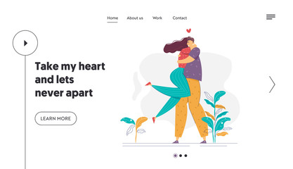 Happy Couple in Love Landing Page Template. Romatic Dating Concept with Man and Woman Characters Hugs Romance Relationships for Website, Banner, Web Page. Vector illustration