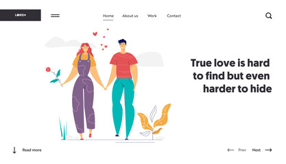 Happy Couple in Love Landing Page Template. Romatic Dating Concept with Man and Woman Characters Romance Relationships for Website, Banner, Web Page. Vector illustration