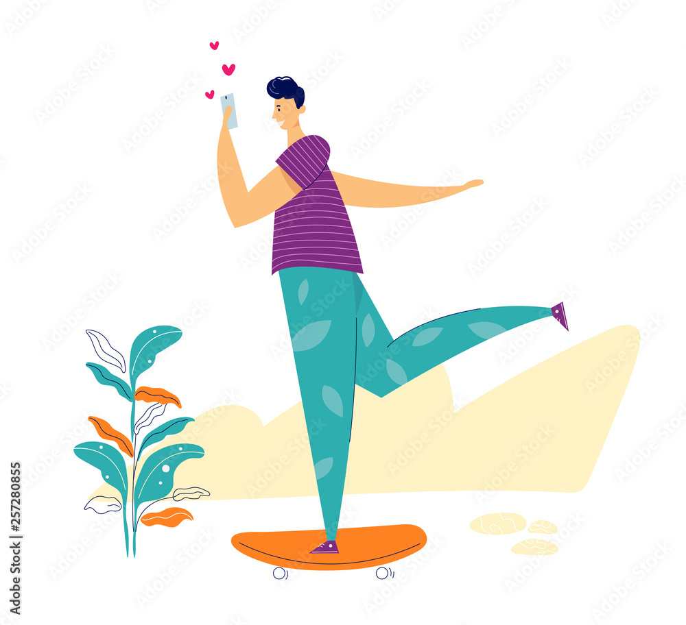 Poster young male character chatting via smartphone while skateboarding. active man sending message using s