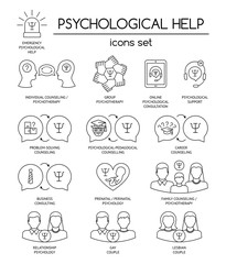 Psychological help. Set of linear icons symbols for psychology counseling, consulting, psychotherapy. Flat design. Vector