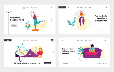 Social Media Network Concept Landing Page Template Set. Character People Chatting Using Smartphone. Man and Woman Sending Message with Mobile Phone for Website, Web Page, Banner. Vector illustration