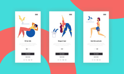 Home Fitness Sport Activity Mobile App Screen Set. Happy Woman Character Exercising at Home. Cardio Training Healthy Lifestyle Concept for Banner, Website. Vector flat illustration