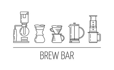 Brew bar. Set of vector black linear icons about coffee brewing methods. Siphon, pour over, french press, aeropress. Flat design. Vector