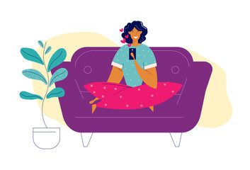 Social Network, Virtual Communication Relationships Concept. Young Female Character Chatting Using Smartphone at Home. Woman Sending Message via Mobile Phone. Vector flat illustration