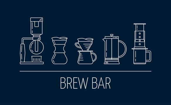 Brew bar. Set of vector white linear icons about coffee brewing methods.  Siphon, pour over, french press, aeropress. Flat design. Vector Stock Vector