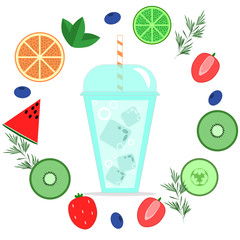 Alcoholic cocktail with kiwi, strawberry, mint, orange, lime, watermelon, ice in cup isolated on background. Organic lemonade with juice. Summer drink for beach party, holidays. Vector flat design