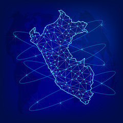 Global logistics network concept. Communications network map Peru on the world background. Map of Peru with nodes in polygonal style. Vector illustration EPS10. 