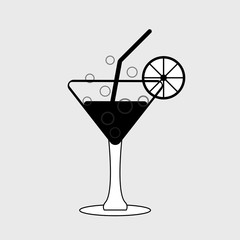 Glass of drinks icon, alcoholic cocktail with straw, orange, lemon isolated on white background. Martini, Soda, juice with ice. Organic health food. Vector flat design