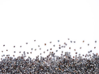 poppy seeds background with copy space. Isolated one edge. Top view or flat lay.