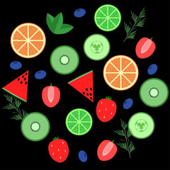 Set of fruits isolated on black background. Blueberry, orange, lime, mint, kiwi, strawberry, rosemary, cucumber, watermelon. Vegan, organic healthy food. Diet concept. Vector flat illustration.