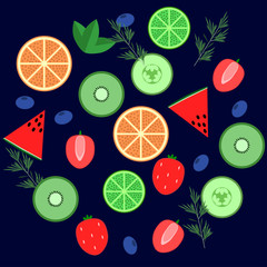 Set of fruits isolated on background. Blueberry, orange, lime, mint, kiwi, strawberry, rosemary, cucumber, watermelon. Vegan, organic healthy food. Diet concept. Vector flat illustration.