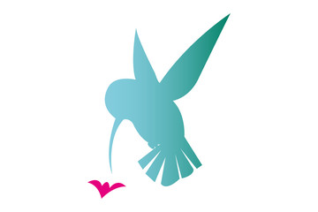 Flying isolated colorful hummingbird silhouette near the pink little flower. Isolated tropical bird for web and print © Art Food