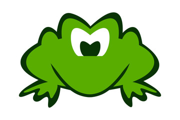 Cartoon green frog with kind eyes and black stroke. Sitting frog logo. Vector reptile character.