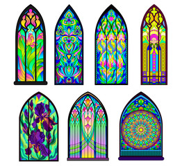 Gothic architectural style with pointed arch. Set of different beautiful colorful stained glass windows. Modern print. Middle ages in Western Europe. Vector image.