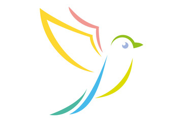Flying isolated bird. Colorful Combination of red, orange, green, blue and yellow colors. Bird vector logo.