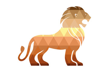 Standing lion with opened mouth. Polygonal lion silhouette. Sranding lion with opened mouth. Colorful yellow and brown triangles.